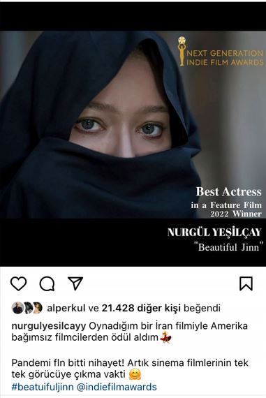 Nurgül Yeşilçay, İran'da çekilen filminden ödül aldığını sosyal medyadan işte böyle duyurdu... 8