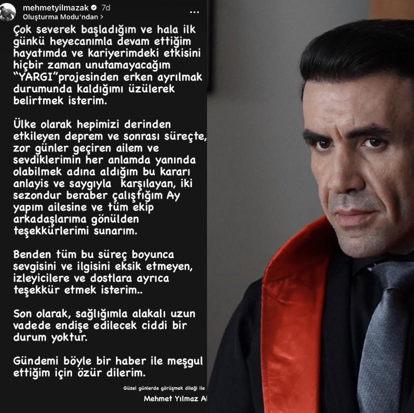 Mehmet Yılmaz Ak'ın Yargı dizisinden ayrılması bir büyük mesajı da gündeme taşıdı! 18