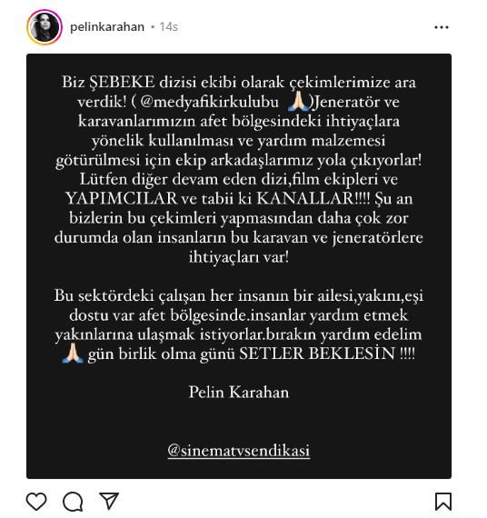 Şebeke dizisi için çekimlere ara verildi, Pelin Karahan'dan deprem mesajı! 7 Şebeke dizisi için çekimlere ara verildi, Pelin Karahan'dan deprem mesajı! 7