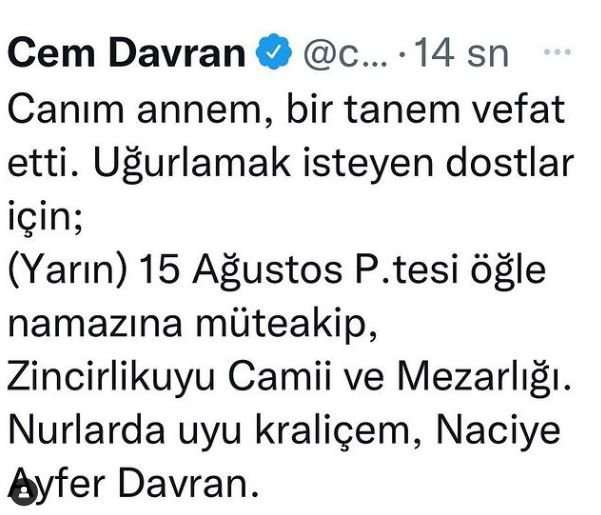 Usta oyuncu Cem Davran anne acısı yaşıyor!.. 7 Usta oyuncu Cem Davran anne acısı yaşıyor!.. 7